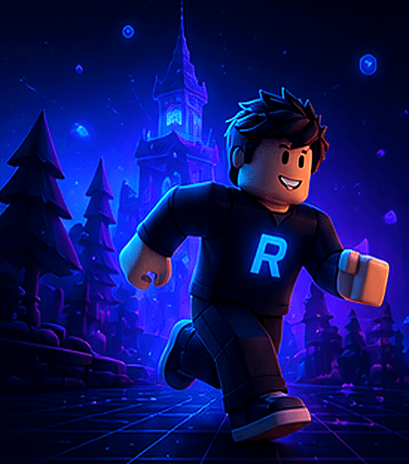 A RoBuild-styled Roblox character running through a night-time game environment
